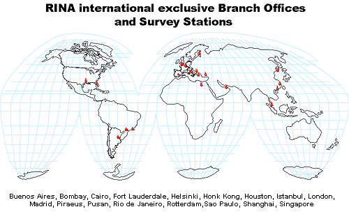 The black dots represents exclusive branch offices and survey stations of RINA