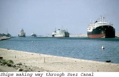 A number of ships makingway through Suez Canal