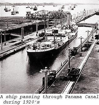 A ship passing through Panama Canal during 1920's