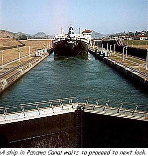 A ship in Panama canal waits to proceed to next lock